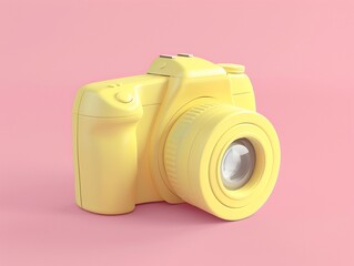 A sleek 3D digital camera icon in pastel yellow, capturing the essence of modern photography, isolated on a clean, solid pale pink background.