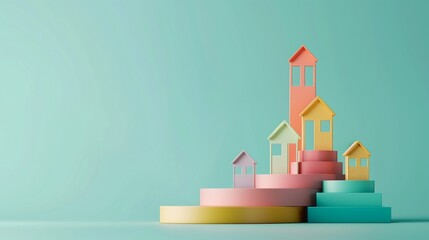 A 3D area chart with layers in varying pastel hues, illustrating the historical fluctuations in housing market prices, isolated on a clean, solid mint background. - obrazy, fototapety, plakaty