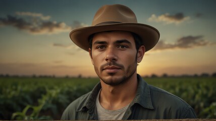 Portrait of young brazil soybean farmer on crops farm land field landscape background, work natural agriculture business concept from Generative AI - obrazy, fototapety, plakaty