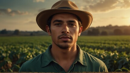 Portrait of young brazil soybean farmer on crops farm land field landscape background, work natural agriculture business concept from Generative AI - obrazy, fototapety, plakaty