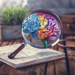 A 3D concept of a brain puzzle under a magnifying glass, highlighting the importance of attention to detail and understanding in the therapeutic process.