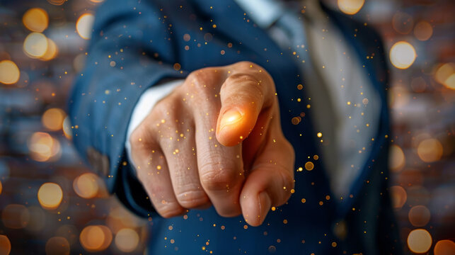 A well-dressed businessman in a sharp blue suit stands pointing directly at the camera with an outstretched arm, his finger surrounded by glowing digital particles that evoke a sense of innovation