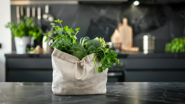 An eco friendly shopping bag with fresh produce on the table in a modern kitchen, kitchen and vegetables