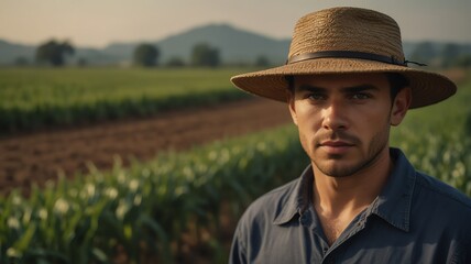 Portrait of young corn farmer on crops farm land field landscape background, work natural agriculture business concept from Generative AI - obrazy, fototapety, plakaty