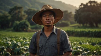 Portrait of young filipino coffee bean farmer on crops farm land field landscape background, work natural agriculture business concept from Generative AI - obrazy, fototapety, plakaty