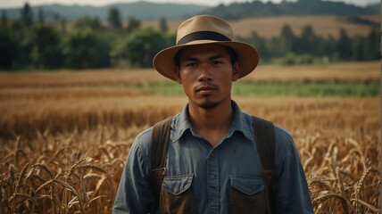 Naklejka na ściany i meble Portrait of young filipino wheat farmer on crops farm land field landscape background, work natural agriculture business concept from Generative AI