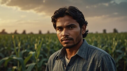 Portrait of young indian corn farmer on crops farm land field landscape background, work natural agriculture business concept from Generative AI - obrazy, fototapety, plakaty