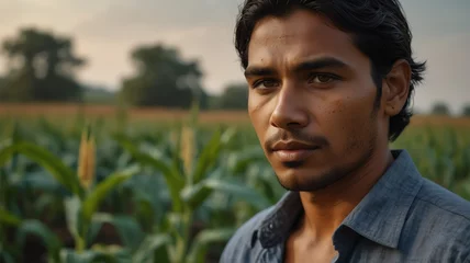 Fotobehang Portrait of young indian corn farmer on crops farm land field landscape background, work natural agriculture business concept from Generative AI © Arceli