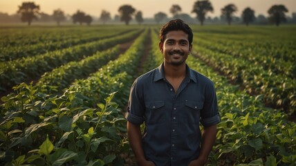 Portrait of young indian soybean farmer on crops farm land field landscape background, work natural agriculture business concept from Generative AI - obrazy, fototapety, plakaty