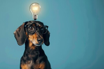 A dachshund wearing glasses, humorously attempting to fool the smartphones facial recognition feature, illustrated with a lightbulb overhead signaling its bright idea. - obrazy, fototapety, plakaty