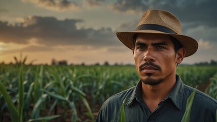 Portrait of young sugar cane hispanic farmer on crops farm land field landscape background, work natural agriculture business concept from Generative AI