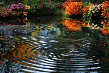 Rippling water reflecting the vibrant colors of surrounding flowers and trees.