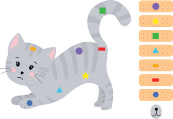 Vector. Sick cat needs your help. Match the shapes. Printable worksheets for kids. Sticking Plasters. Treat cure your cute animal. Apply adhesive plaster. Toddlers activity. Cut and glue paste kitten