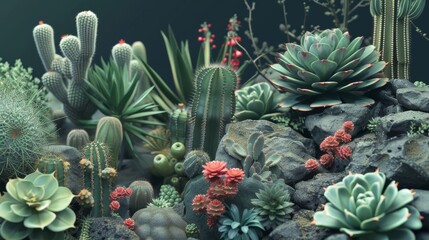 Desert Bloom: Admiring the Unique Floral Desertscape, Adorned with the Splendor of Cacti and Succulents, a Haven of Life Amidst the Arid Terrain, Where Beauty Thrives in the Most Unlikely of Places - obrazy, fototapety, plakaty