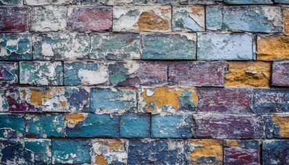 Industrial-style background with a close-up view of a rough brick wall and peeling paint texture