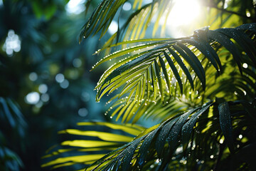 Beautiful summer view of green tropical leaves in sunlight. Generated by artificial intelligence - obrazy, fototapety, plakaty