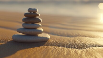 Sunset Zen: Finding Inner Peace with Stone Stacks on a Tranquil Beach, Perfect for Sunset Meditation and Mindful Moments.