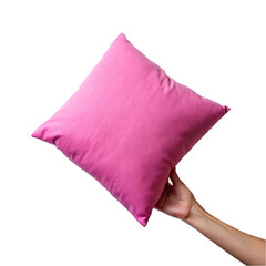 Hand holding on pink pillow isolated on transparent background.