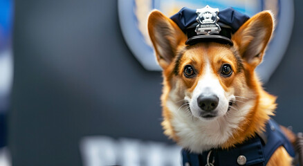Portrait of a corgi police dog in uniform. Copy space - obrazy, fototapety, plakaty