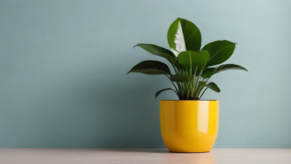 a green potted plant on a light blue background.the copy space. test space