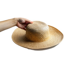 Fototapeta na wymiar Hand holding straw hat isolated on transparent background.