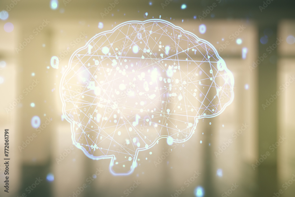 Aufkleber virtual creative artificial intelligence hologram with human brain sketch on empty corporate office 