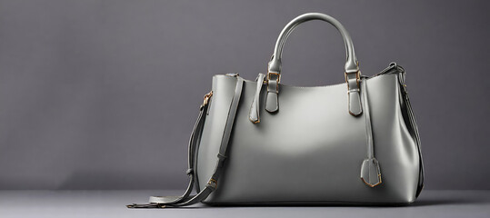 Beautiful trendy smooth youth women's handbag in gray color on a studio tone clair background. Created using generative AI.