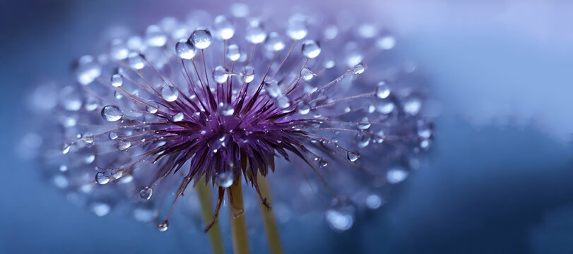 Water drops on parachutes dandelion Copy space soft focus on waterMacro nature. Beautiful dew drops on dandelion seed macro. Beautiful soft background. generative by ai..