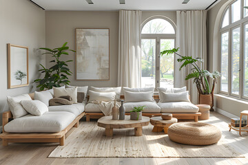 Fototapeta na wymiar Contemporary Simplicity: Clean Lines and Natural Elements in a Scandinavian Living Room