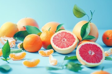 Fresh Citrus Fruits on a Blue Background With Highlighted Grapefruit