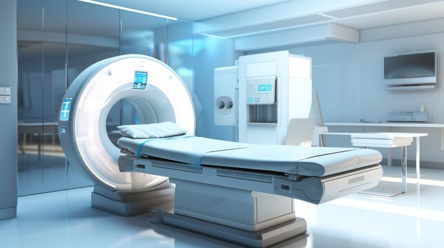 An MRI machine with a hospital room background 