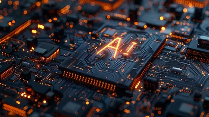 Deurstickers a state-of-the-art microchip engraved with the symbol of AI, symbolizing the forefront of artificial intelligence © Wajed