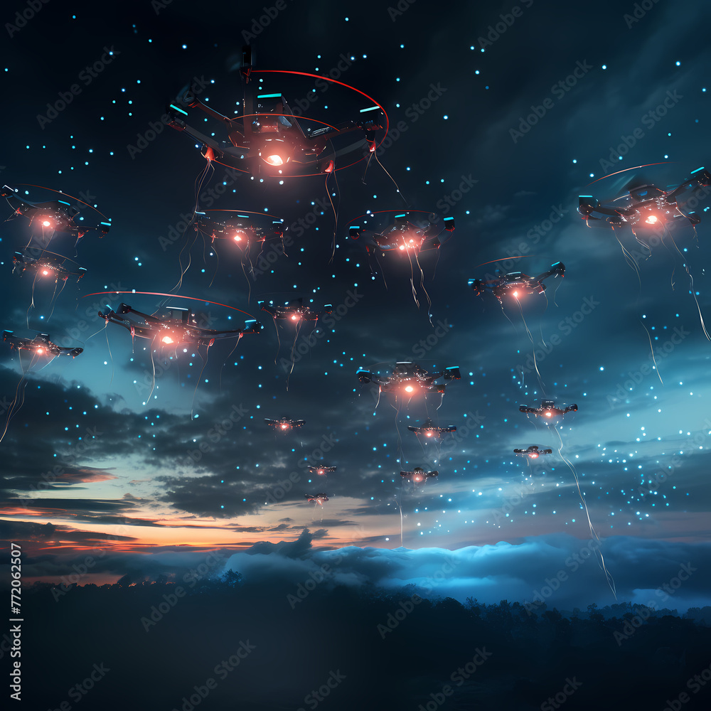 Canvas Prints Swarm of drones creating a light show in the sky. 