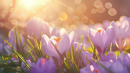 Purple Crocus Flowers Blooming in a Sunny Spring Field at Dawn - obrazy, fototapety, plakaty