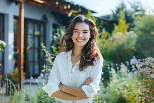 Young Woman Smiling in a Sunny Backyard With Lush Greenery and Modern Home Behind