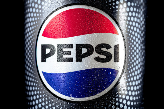 PEPSI bottle with wet drops. Wet PEPSI logo on a plastic bottle