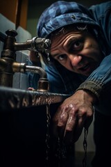 a man Fixing a leaky faucet under the sink showing hands tightening a pipe with a wrench