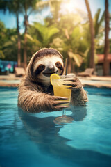 sloth with a cocktail on the background of the pool