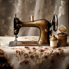Vintage sewing machine on a lace tablecloth.  - obrazy, fototapety, plakaty