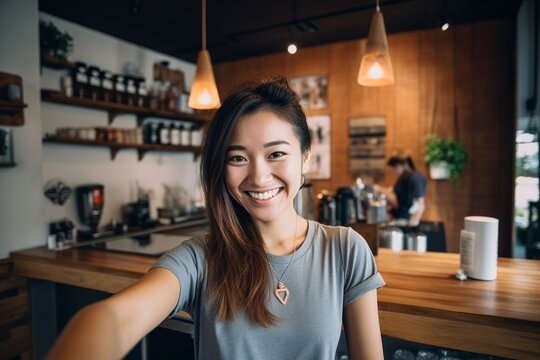Smiling woman taking selfie at restaurant. She in great mood takes selfie with big smile standing and having fun taking light cheerful selfie on blurred background. Generative AI.