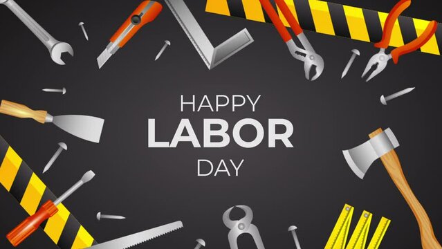 Labor Day celebration banner . Animation of USA happy labor day, lettering text with blue,white background and fireworks splash.