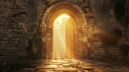 The gate of an old castle, styled with golden light and a low-angle perspective. - obrazy, fototapety, plakaty