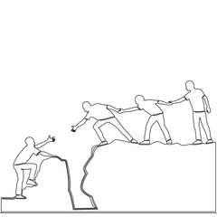 Continuous one single line drawing group of businesspeople helping each other hike up a mountain Business, success, leadership, achievement and goal icon vector illustration concept
