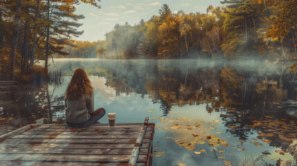 A woman enjoys her morning coffee on the dock, styled with ethereal nature scenes in indigo and amber hues. - obrazy, fototapety, plakaty