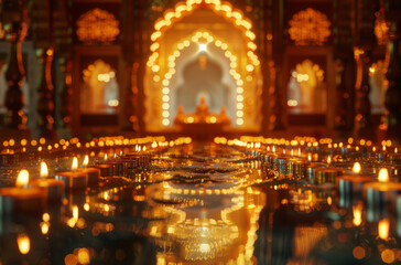 Fototapeta na wymiar An interior city scene features candles in front of a huge gold background