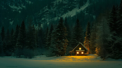 A cabin in a snow-covered forest at night, illuminated brightly, styled in a minimalist and surreal manner.