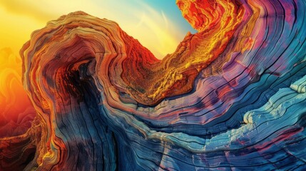 Bright colors in a mountain scene, characterized by varying wood grains, optical art, focus stacking, and digital illustration.