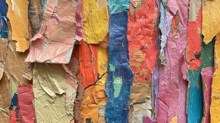 A multicolored collage wall artwork, styled with a soft pastel palette, cardboard construction,...
