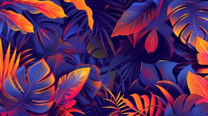 A tropical jungle theme in orange and neon, styled with realistic hyper-detailed rendering, a dark palette, colorful cartoon, and glowwave.
