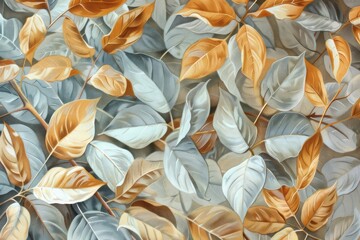 Jasmine leaves in gold color tones, styled with grisaille, light yellow and emerald hues, and realistic detail.